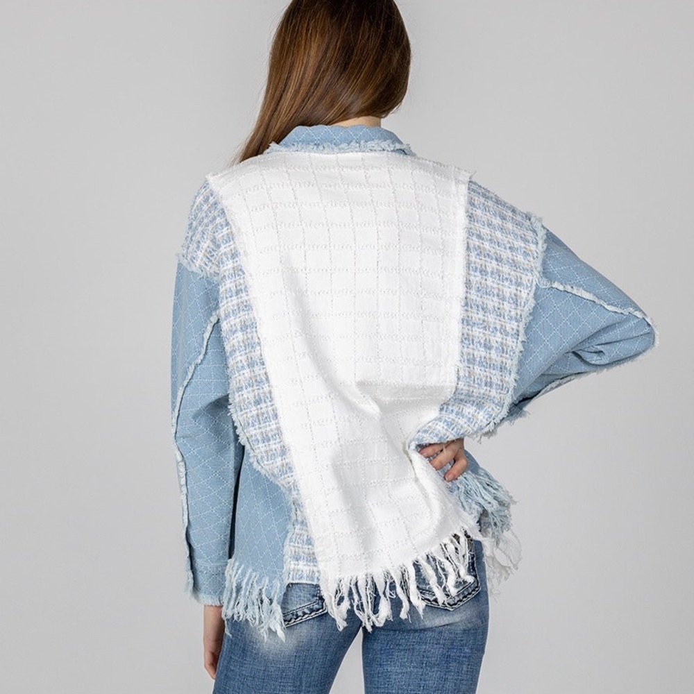 MISS ME Boho Tweed  Blue patchwork paisley denim shacket with fringe SZ XL